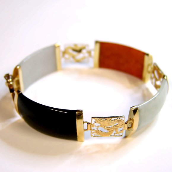14K Gold Multi Jade Dragon Link Gemstone Bracelet Vintage - Picture 1 of 5